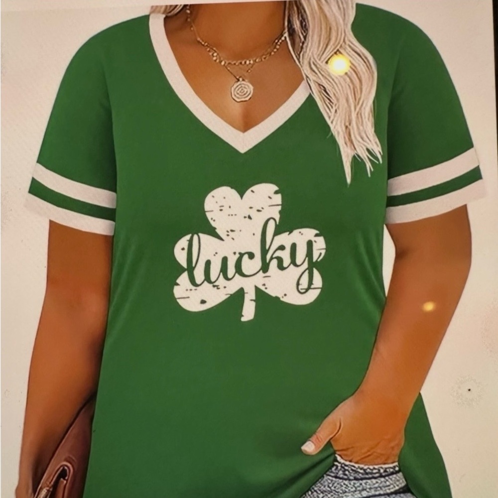 New Rosriss Lucky Chic Green Clover V-Neck Women's Plus Size Tee 24w St Patrick